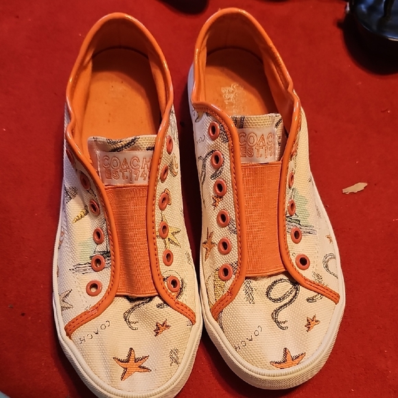 ☆HOLIDAY SALE☆ COACH BEV CANVAS AND LEATHER SLIP ON  SHOES 8.5 ORANGE CREAM - Picture 1 of 7